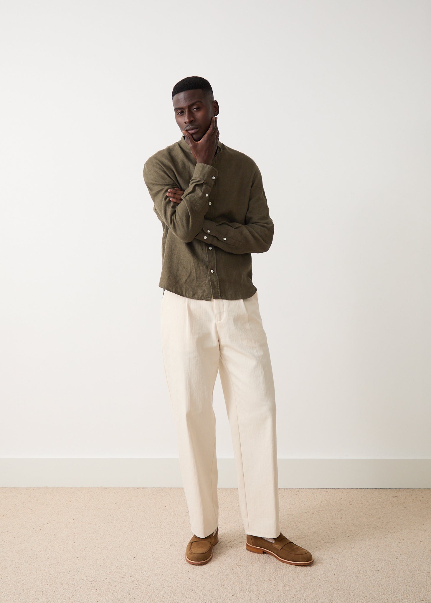 Arles Mandarin Collar Kaki Shirt